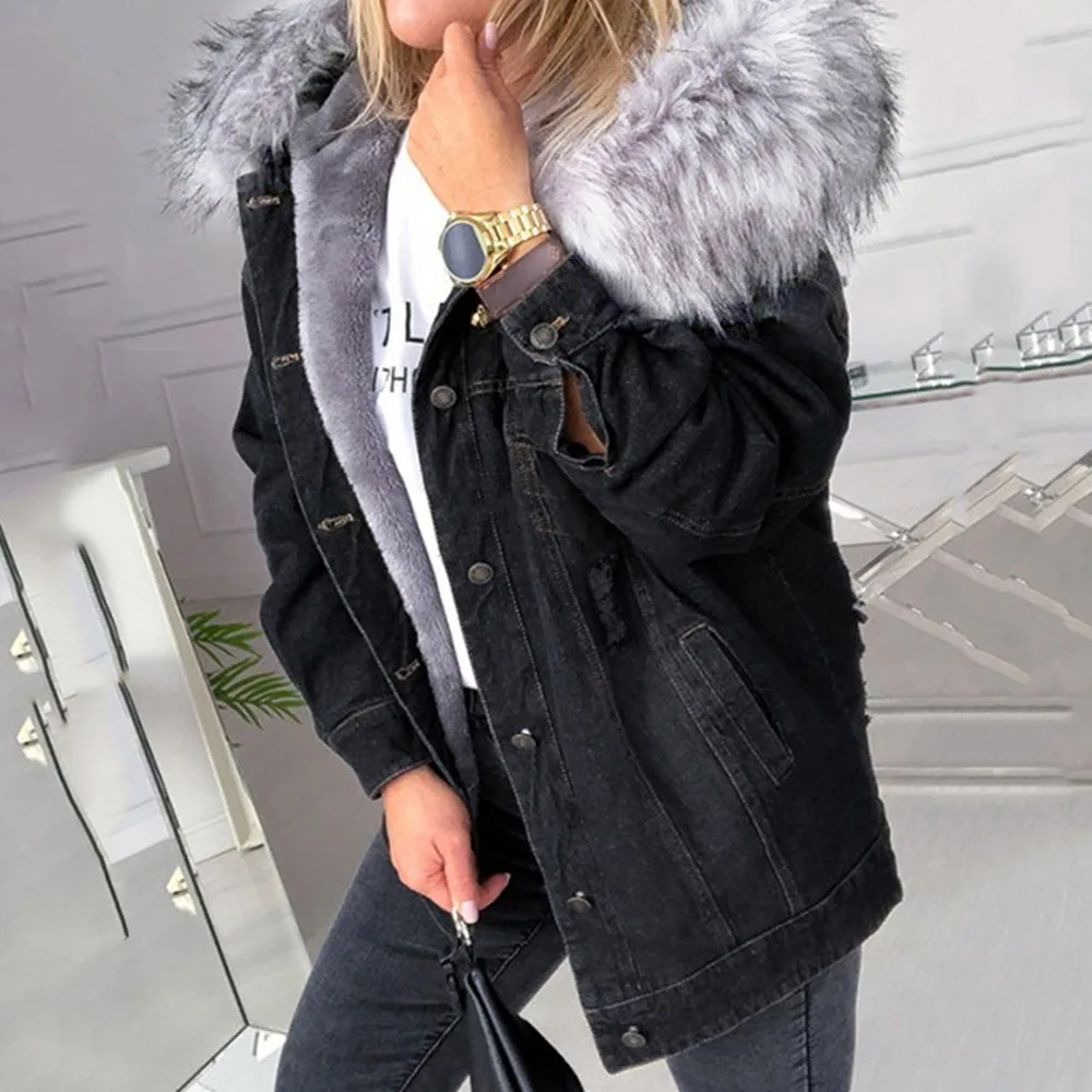 Женское теплое мягкое меховое пальто джинсовая куртка зимнее плюшевое