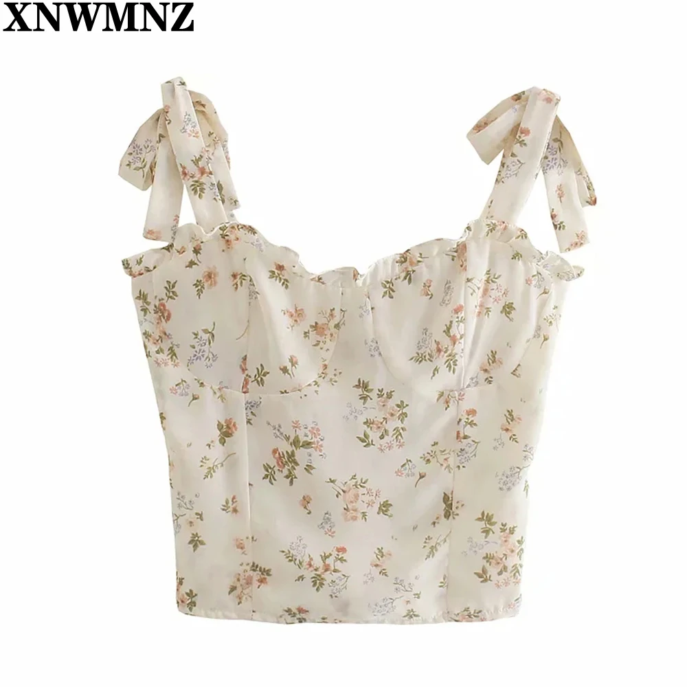 

XNWMNZ 2021 women Chic Adjust Spaghetti Straps Camis France Tulip Print Women Crop Top Sexy Tank Top