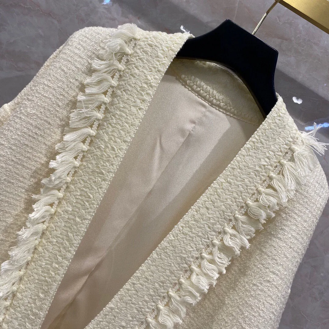 

2021 Fashion Luxury Brand Design Classic Wool Tassels Splicing Knitted Cardigan Jacket Comfortable Casual Elegant Sweater 10110