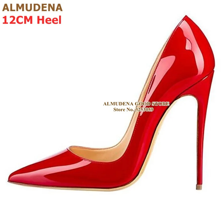 red 12cm heel ALMUDENA/брендовые туфли-лодочки на шпильке 12, 10, 8 см модельные туфли из лакированной кожи дизайнерские свадебные туфли с острым носком на тонком каблуке размер 45 - Цвет: red 12cm heel