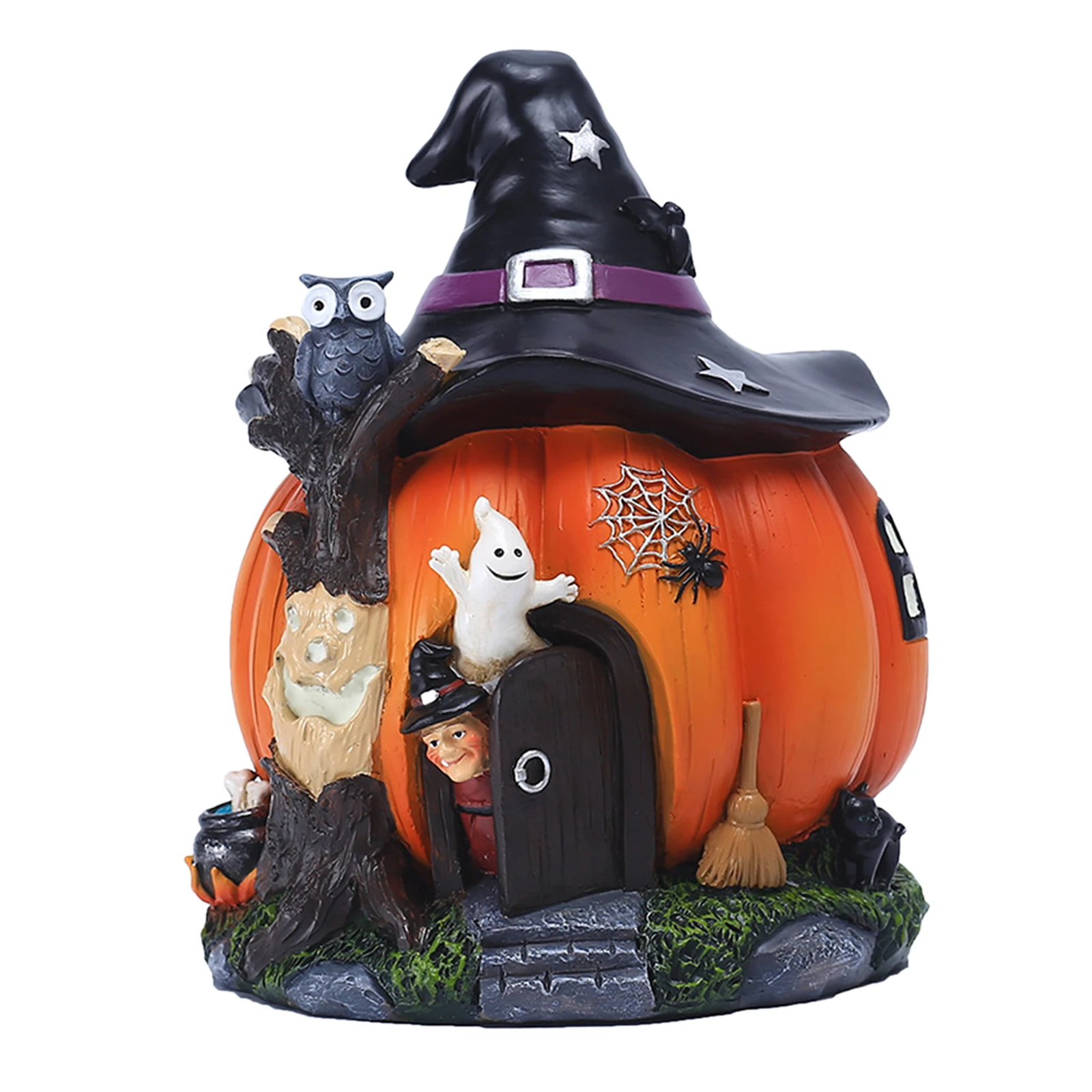 

Pumpkin Witch Ornament Halloween Pumpkin House Figurine Resin Statue Decor for Office Table Household Room Statue