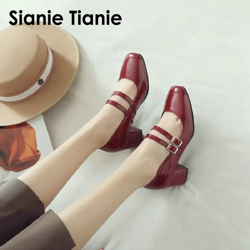 

Sianie Tianie 2020 patent PU leather woman pumps buckle strap med heels ladies wedding shoes female mary janes big size 45 32-46