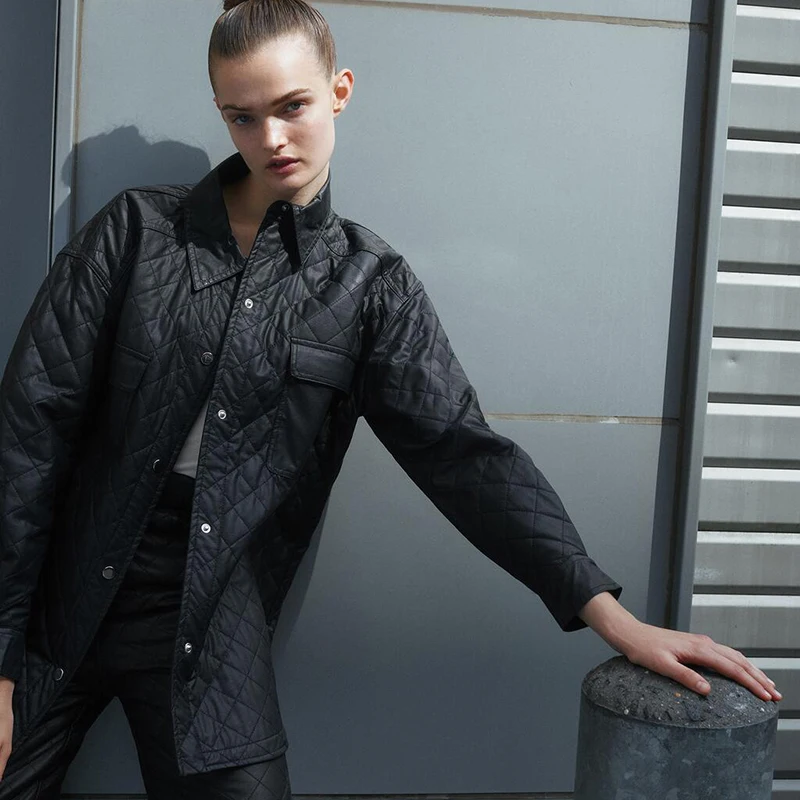 

Unizera 2021 Za women's new autumn Lapel loose and versatile skinny imitation leather women's shirt casual coat fashion