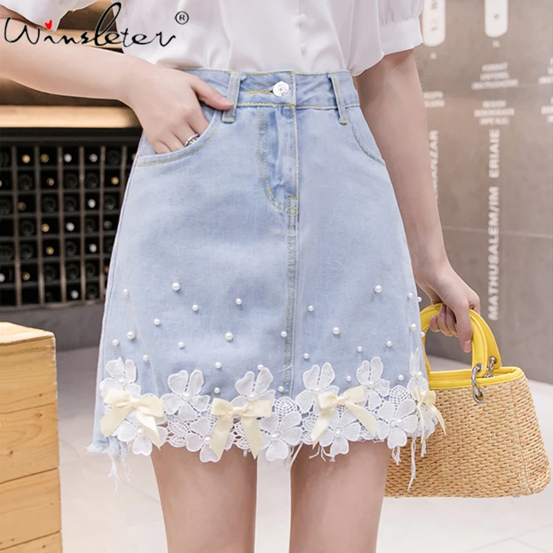 

Юбка джинсовая женская, кружевная, с высокой талией, в стиле преппи, B02005B, 2020