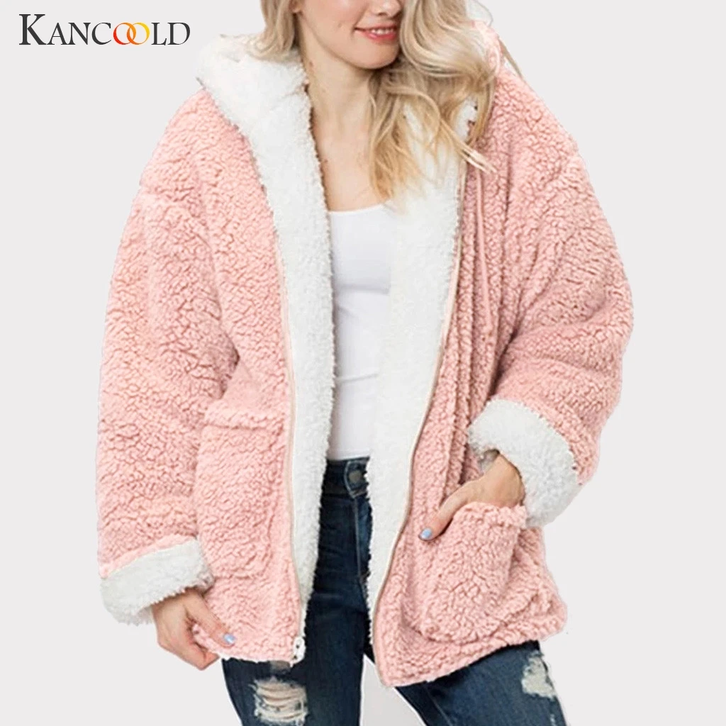 KANCOOLD пальто модные однотонные пальто из искусственного меха с капюшоном Плюшевые на молнии с карманами Реверсивные Свободные Новые пальто и куртки для женщин 2019AUG20