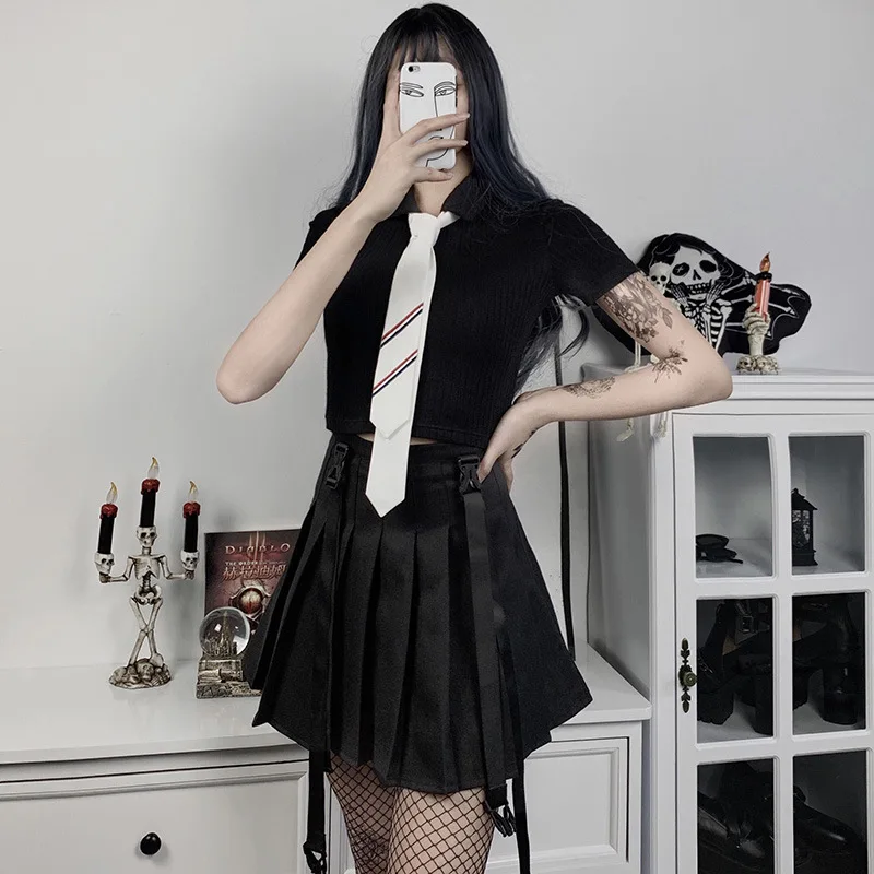 

Black Women Short Tight T-shirts Button Tshirt Gothic Punk Basic Hipster Goth Top + Fashion Necktie 2020 Lady Cool Collar Sexy