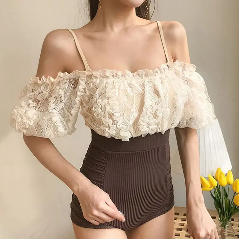 Купальник женский цельный с высокой талией пикантный кружевной купальник в