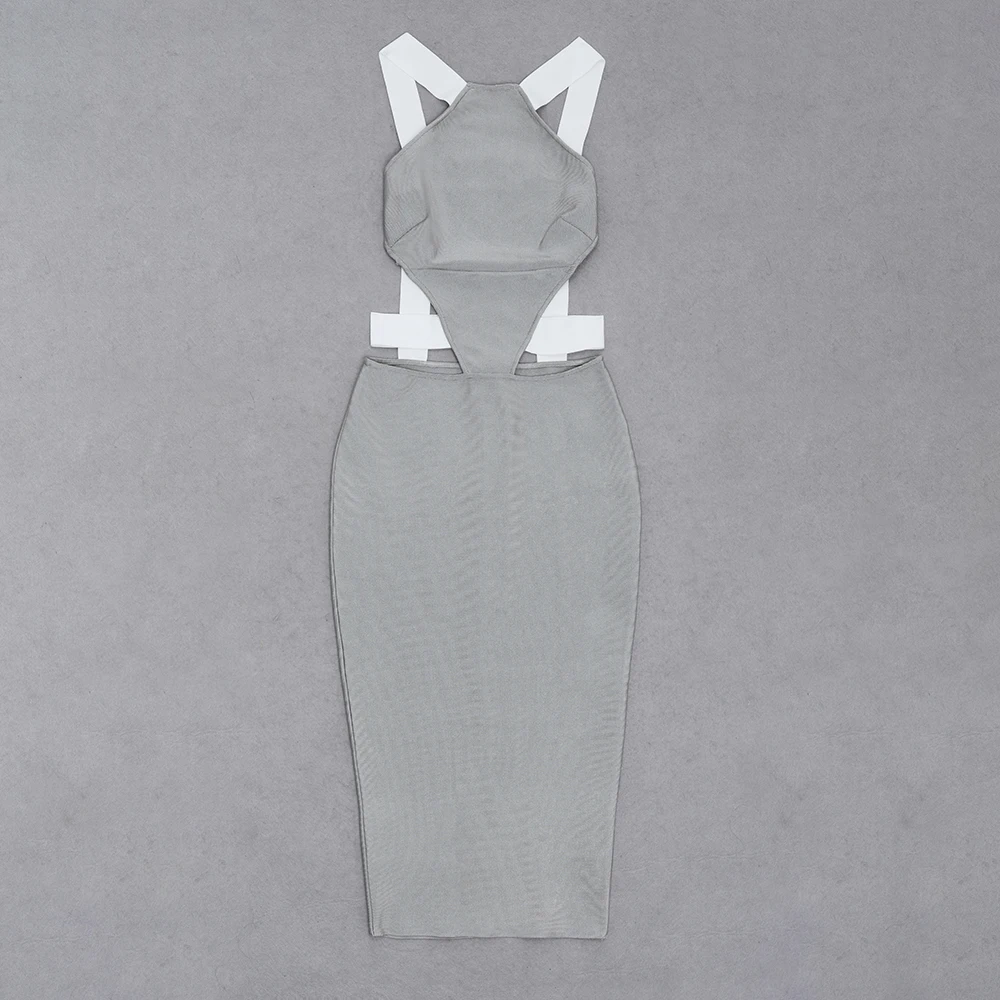

2021 New Bandage Dress Women Bodycon Hollow Out Sexy Gray Summer Dress Party Club Sleeveless Elegant Autumn Clothes