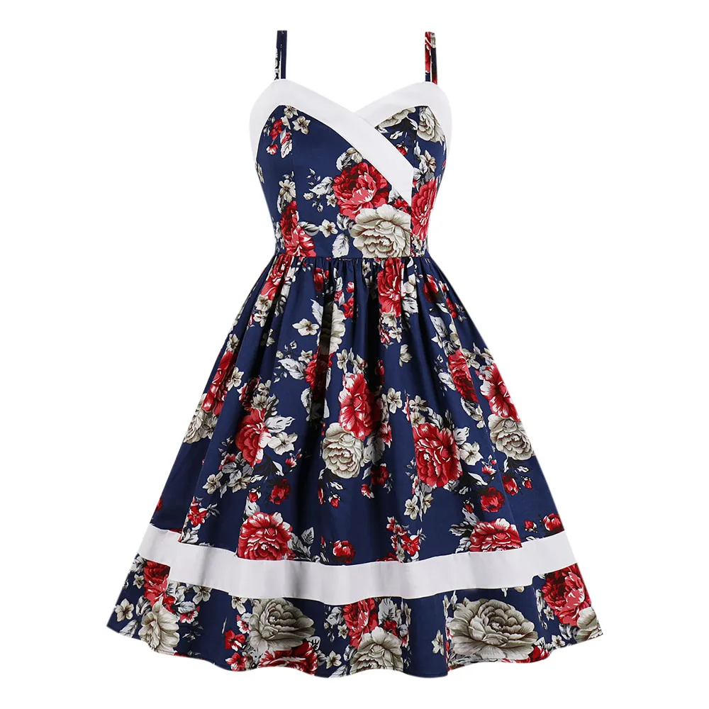 Женское винтажное платье-трапеция с V-образным вырезом и цветочным принтом |