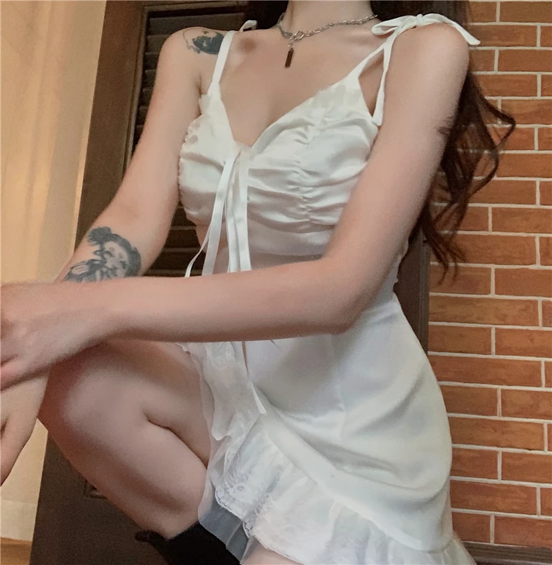 

Casual solid white women spaghetti dress female V-neck sleeveless mini dress ruffle Holiday dresses summer