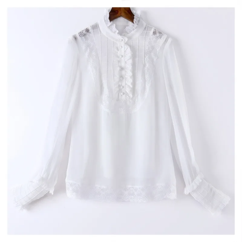 

Women's Court Style Silk Shirt Top Lantern Sleeve Wooden Ear Stand Collar Shirt Strap 2020 Fashion New Style