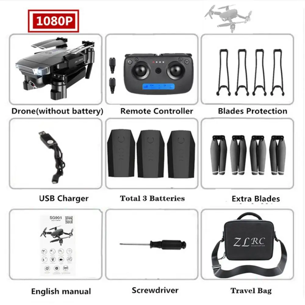 1080P 3B Black bag ZLL SG901 камера Дрон 4K HD Двойная камера дроны Квадрокоптер FPV Профессиональные с GPS долгий срок службы батареи - Цвет: 1080P 3B Black bag