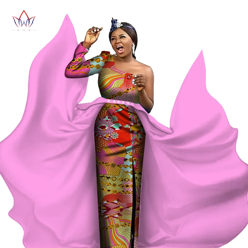 Bintarealwax Party Dresses for Women Dashiki Big pendulum Plus Size African Clothes Single Sleeve Long Dress for Lady WY3204