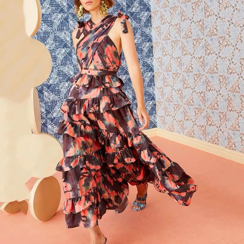 

Fashion Goddess Printed Dress Cross Sling Straps Chest Wrap Waist Slimming Tiered-Ruffle Maxi Dress 2021 Summer Sexy Dress Women