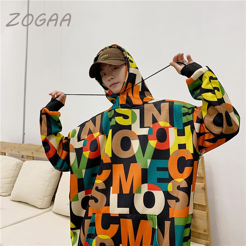 Пуловер ZOGAA мужской утепленный свитшот с надписью худи в стиле Харадзюку