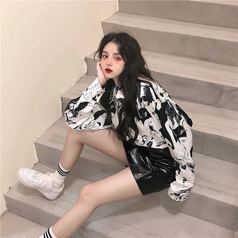 

2021 spring Korean version loose new long-sleeved retro ink flower shirt JXMYY