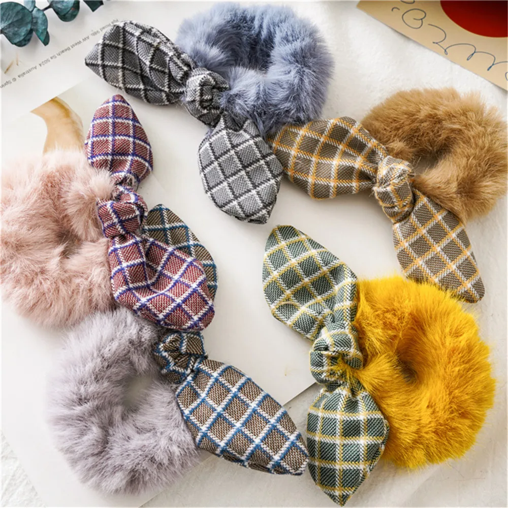 Корейская версия новых завязанные кроличьи уши решетки точка ткань плюшевая