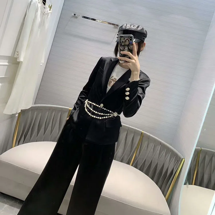 2019FW winner, новинка, Женский блейзер с жемчугом, пальто+ повседневные штаны, женский пиджак, брюки, костюмы, 2 вещи в комплекте, 2 цвета, tclai