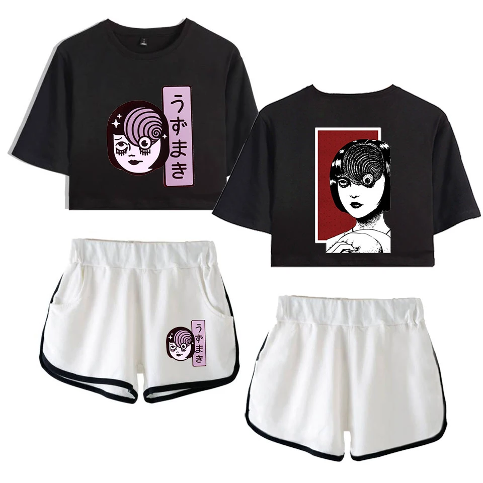 

Junji Ito Two Piece Set Women Horror Anime Summer Sexy Cotton t shirt New Suit Shorts Crop top women Fashion outfits