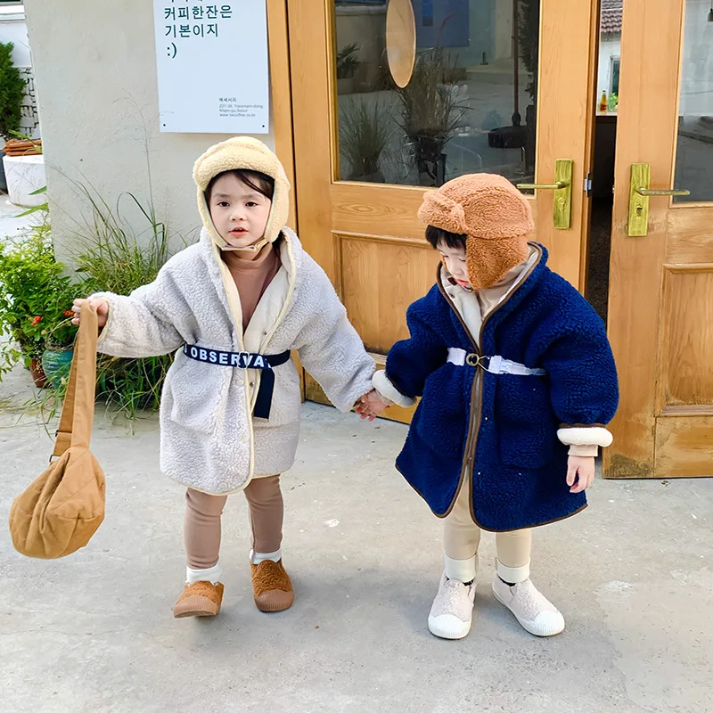 

New Autumn Winter Children's Mid-length Lamb Wool Coat Boys Girls Plus Velvet Warm Soild Coat Wool Sweater Baby Clothes