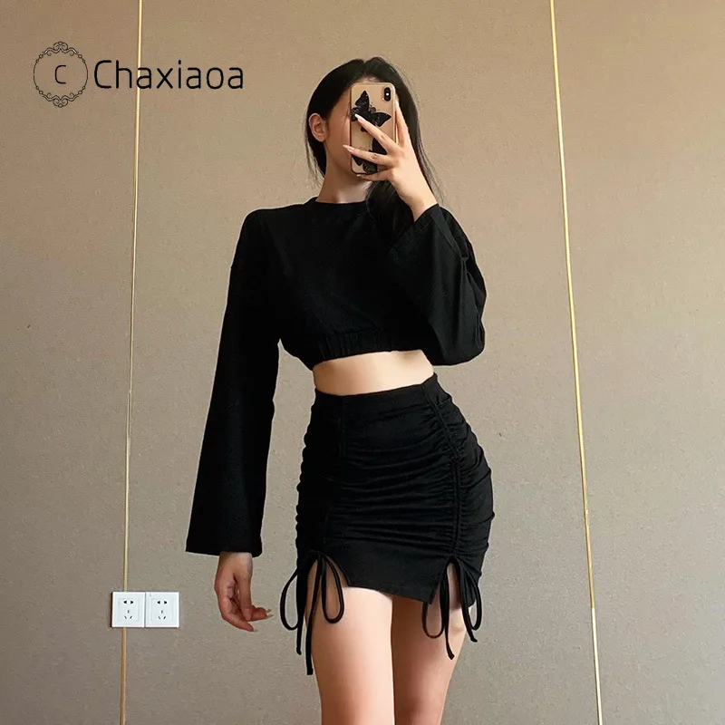 Женский комплект из двух предметов CHAXIAO короткий топ с длинным рукавом однотонная черная мини юбка оборками