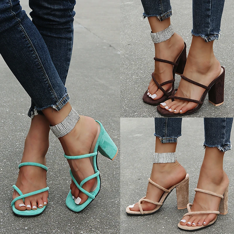 

Women Slippers Pumps 2021 New Summer Fashion Open Toe High Heels Shoes Female Thin Belt Thick Heels Party Casual Females Shoes