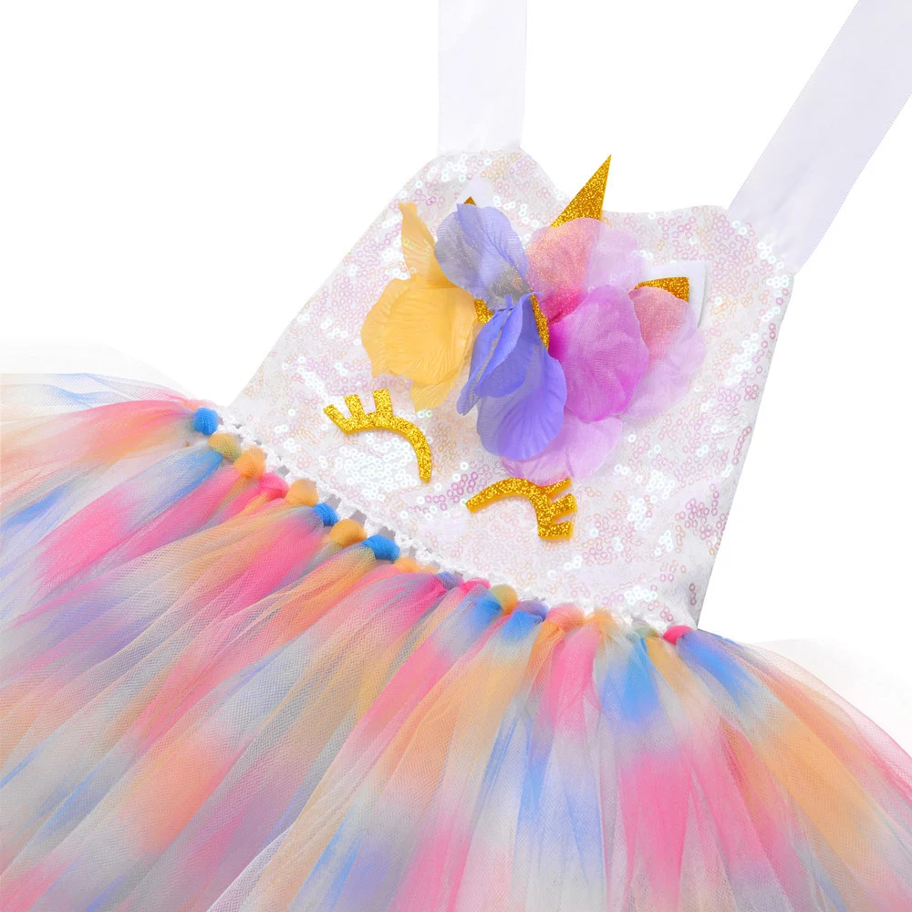 Rainbow Sequin Tulle Tutu Unicorn Dress Girls Flower Birthday Party Vestido Unicornio Summer Princess Kid Costume | Детская одежда и