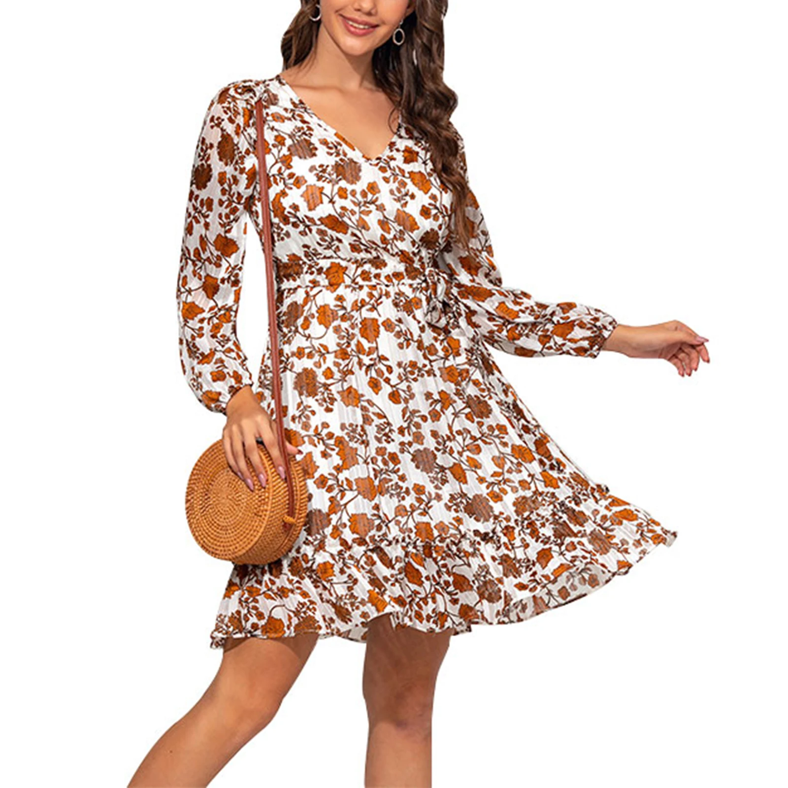 Женское платье с цветочным рисунком длинным рукавом талией короткое модная