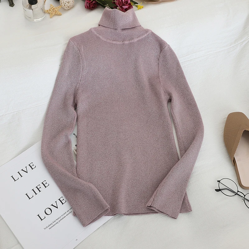 SINGRAIN Блестящий свитер с высоким воротом Женский трикотажный люрексом модные