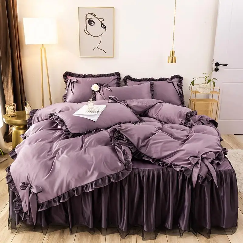 

Set 4 Pieces Solid Color Duvet Cover Ruffle Bedclothes Include Bedskirt 2pcs Pillowcase Comforter Cover For Kids/Adult Oceania