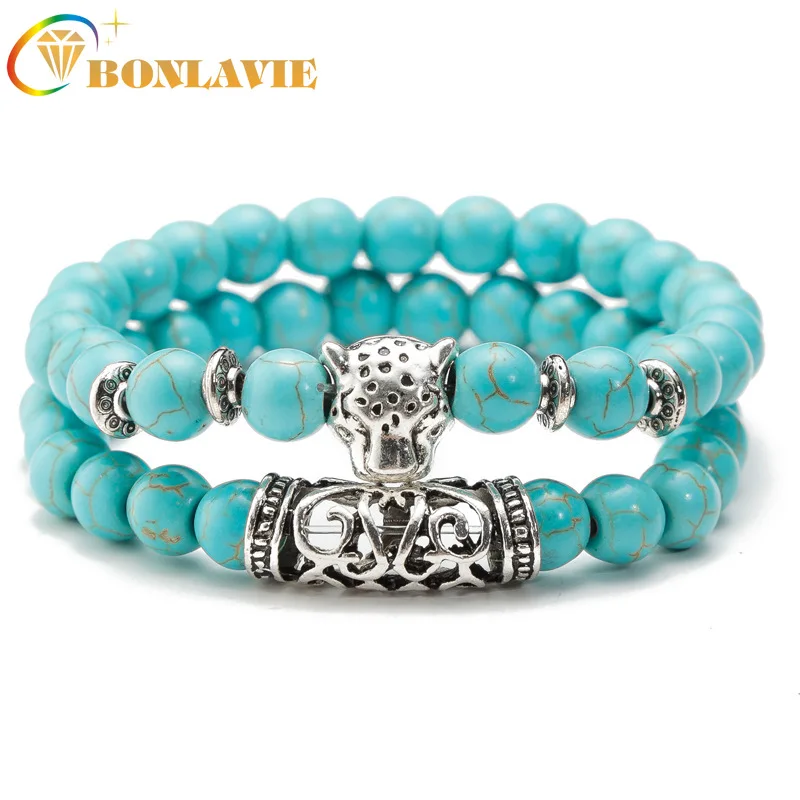 Вулканическая лава камень браслет с головой леопарда для мужчин Панк животных