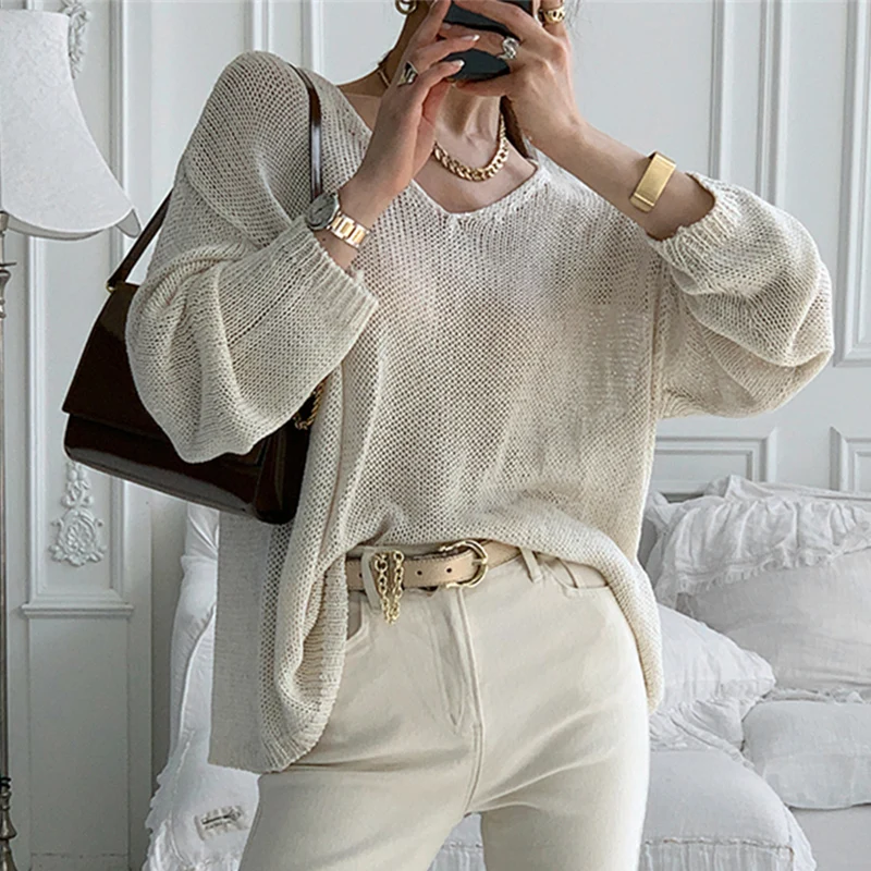 Sister Fara New Spring 2021 V-Neck Knitted Sweater Women Oversize Pullovers Cutout Jumpers Female Solid All-Match Tops | Женская одежда