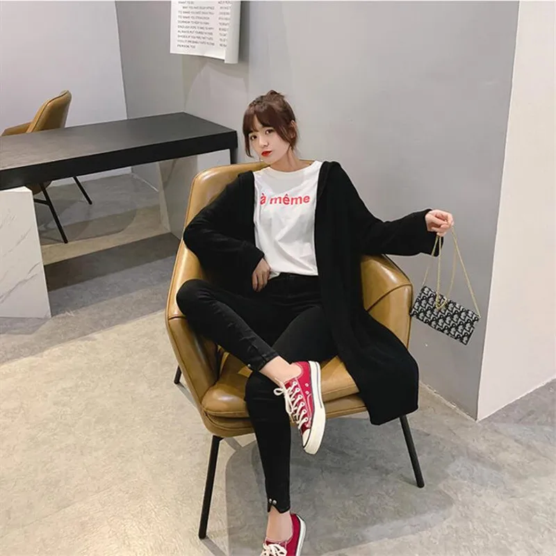 2019 женский свитер с капюшоном осенний и зимний однотонный вязаный кардиган