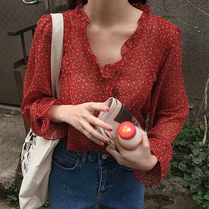 

Women's Neck Floral Printing Single Breasted Sweet Leisure Chiffon Blouse Shirts 2020