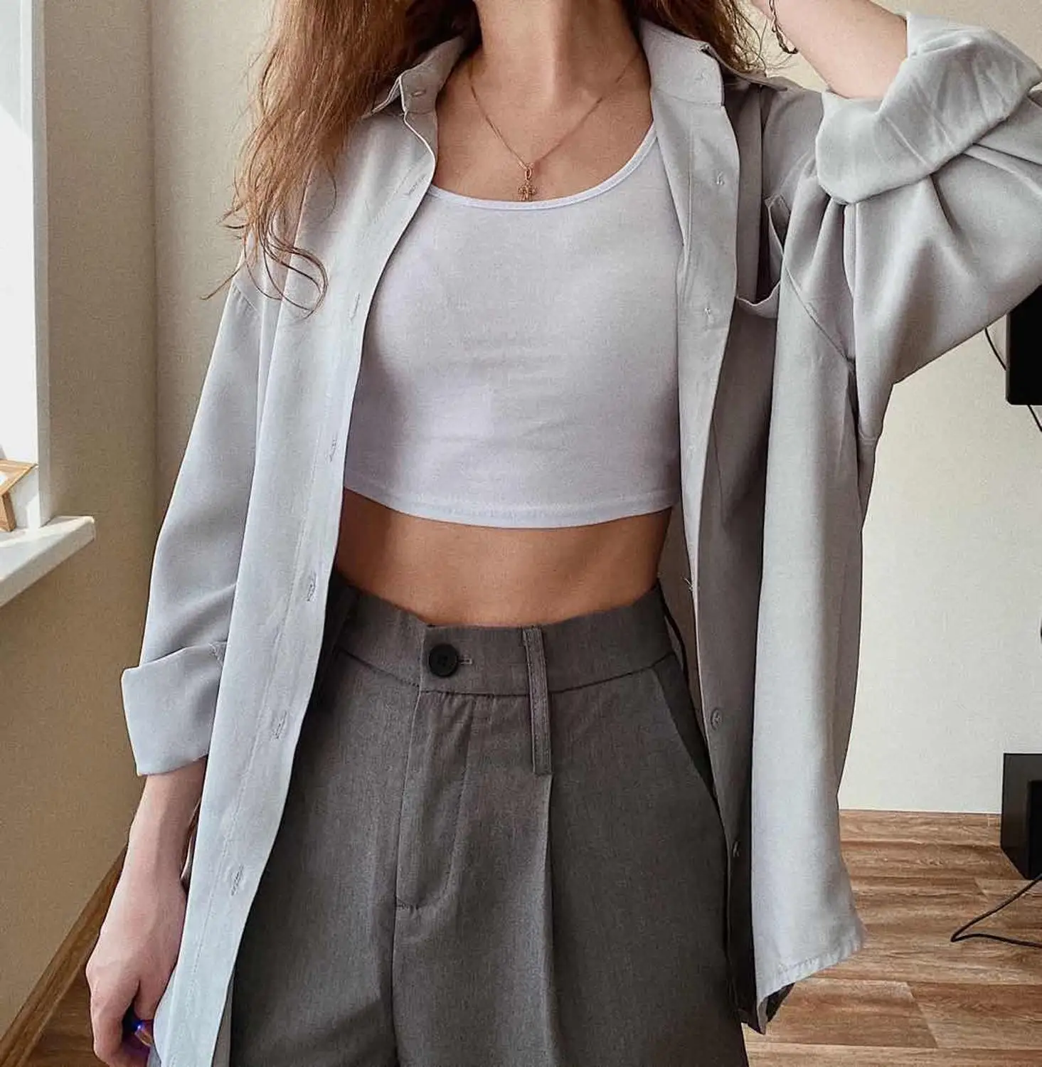 Рубашка женская с длинным рукавом модная базовая шелковая хлопковая