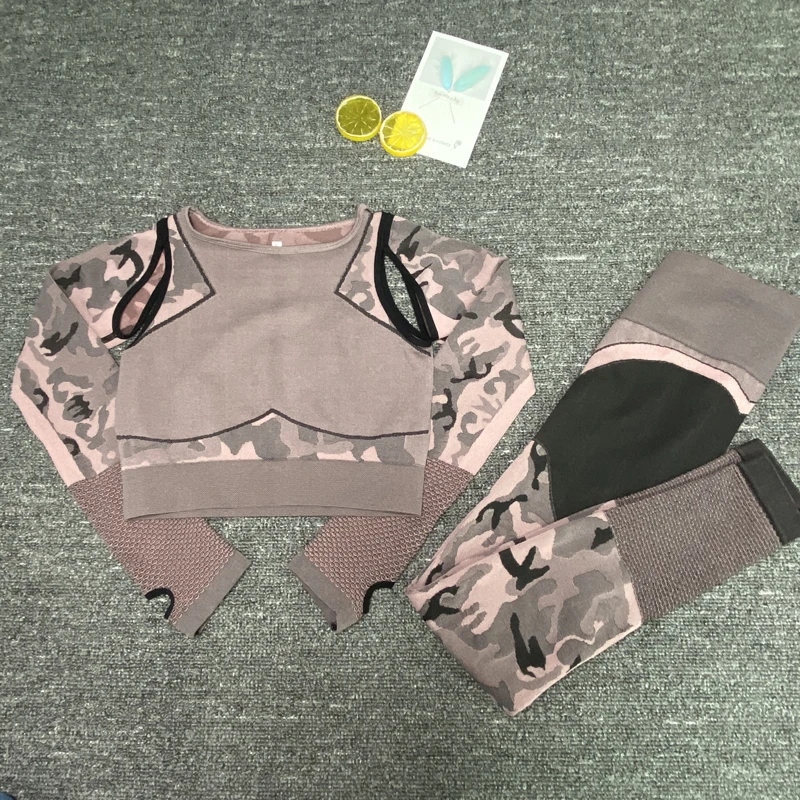 Спортивный фитнес бесшовный комплект для йоги камуфляжный женский костюм