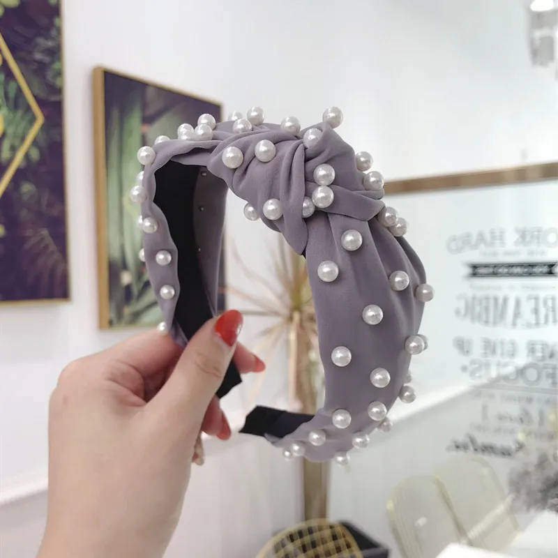 Новинка Бархатная повязка на голову с жемчугом кораллового цвета Однотонная