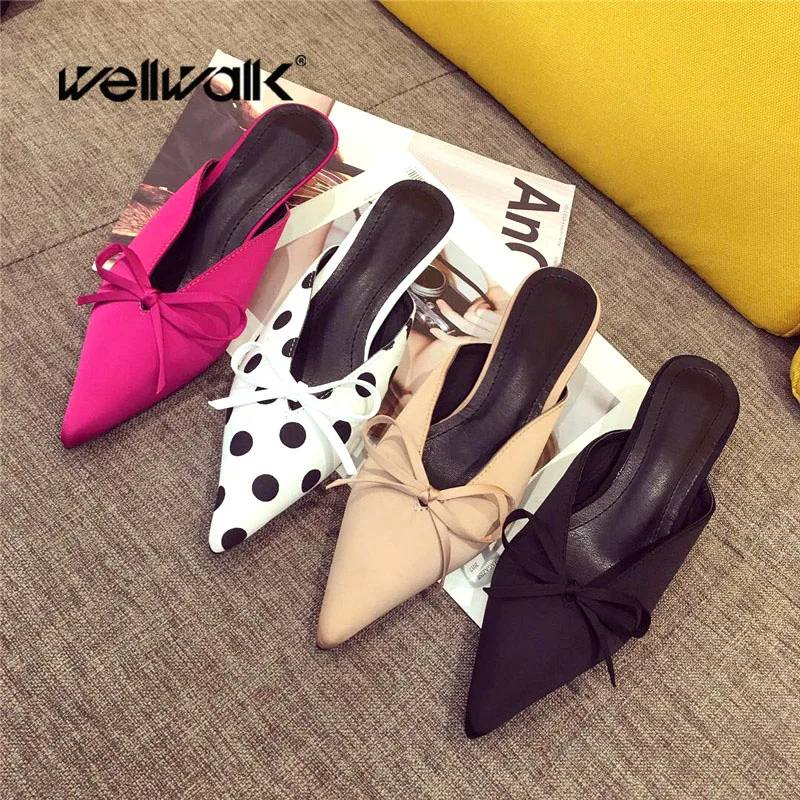 

Wellwalk Small Heel Slippers Women Pointed Toe Mules Women Dress Slides Female High Slippers Ladies Elegant Sandals Mules