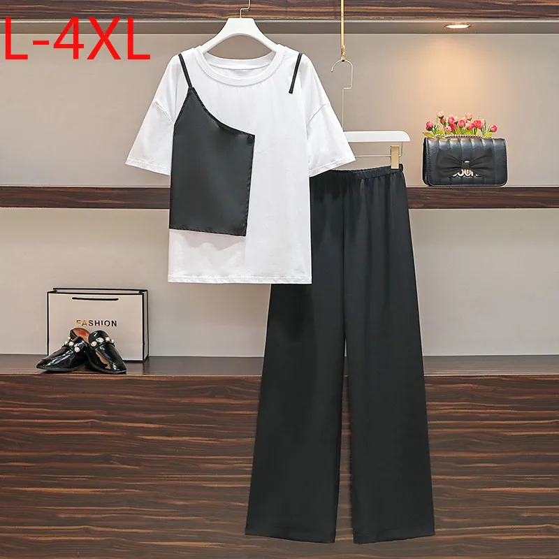 

L-4XL PLus Size 2021 New Summer Women O-Neck Patchwork T-Shirt + Black Wide Leg Pants Two-piece Sets Ladies Suits Female Outfit