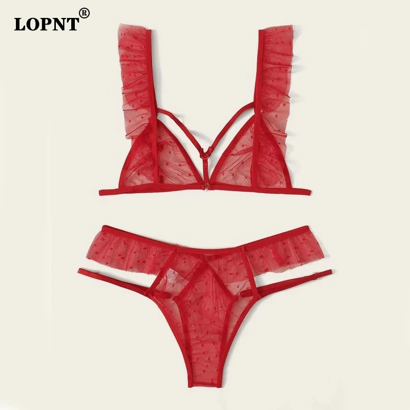

LOPNT 2021 new sexy lingerie women's underwear lace push up bra set three-point set red Net yarn perspective top with shorts