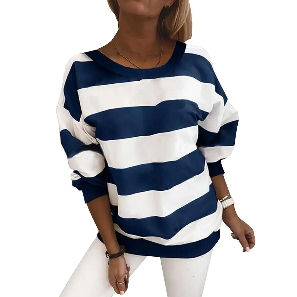 

Толстовка для женщин 2021 модный топ с о-образной шеей, костюм в полоску с длинным рукавом с принтом Свободный пуловер толстовка женская одежд...