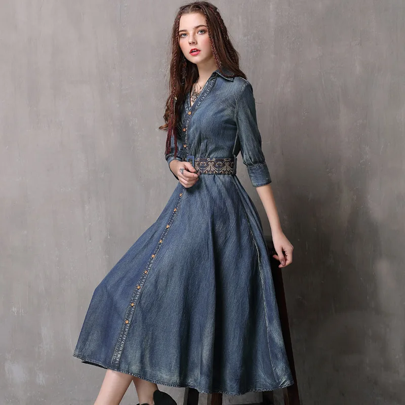 

Vintage Belts Embroidery Denim Dress Spring Women Sexy V-Neck Half Sleeve High Waist Jeans Dress Lady Casual Wiggle Midi Dresses