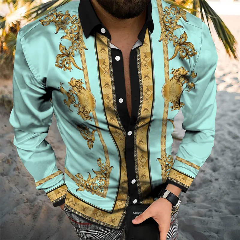 

Fashion Turn-down Collar Long Sleeve Cardigan Tops Men Casual Striped Printed Buttoned Shirts Mens 2022 Autumn Spring Streetwear
