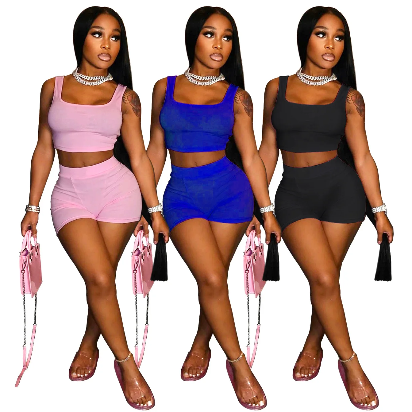 

Adogirl Casual Women Two Piece Set Biker Solid Color Sleeveless Tank And Shorts Fitness Sportsuit Tracksuit Plus Size S-XXL