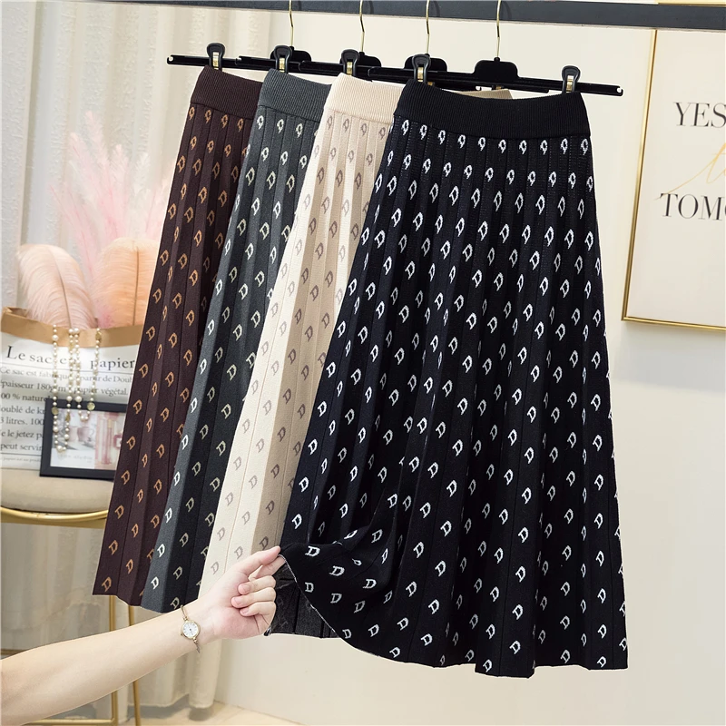 

Letter Jacquard Thicking Knitted Long Skirts Women New 2021 Autumn Winter Women High Waist Umbrella Long Skirts Female Korean