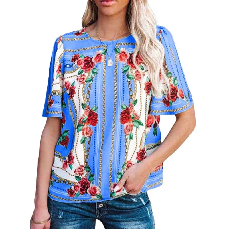 

O Neck Short Sleeve T Shirt Women Summer Rose Print Vintage Elegant Tops Casual Loose Streetwear Oversized Ladies Tee Shirts