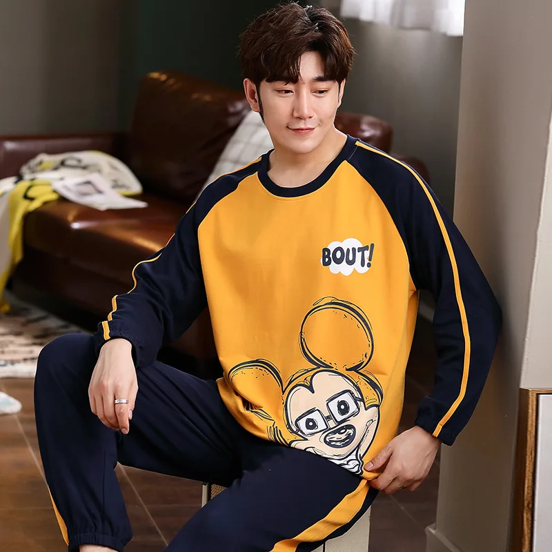 

2pcs Spring Autumn Round Neck Casual Young Men's Cotton Pajamas Suit Korean Style Comfortable Home Service Suit Outer Wear