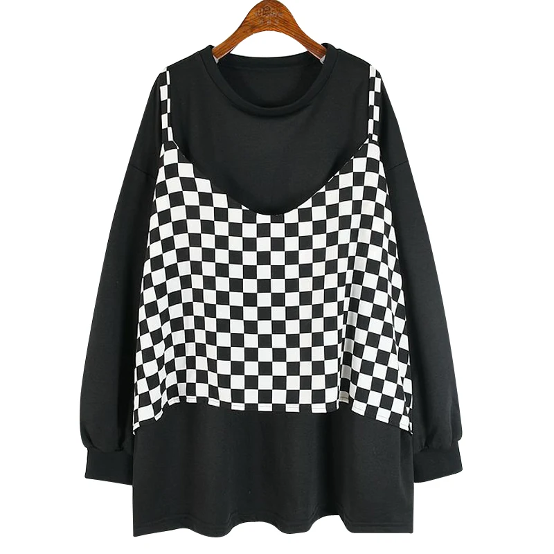 

SuperAen Fake Two-piece Sweatshirt Women's New Thin O Neck Black and White Chess Plaid Patchwork Loose Top Spring Autumn 2021