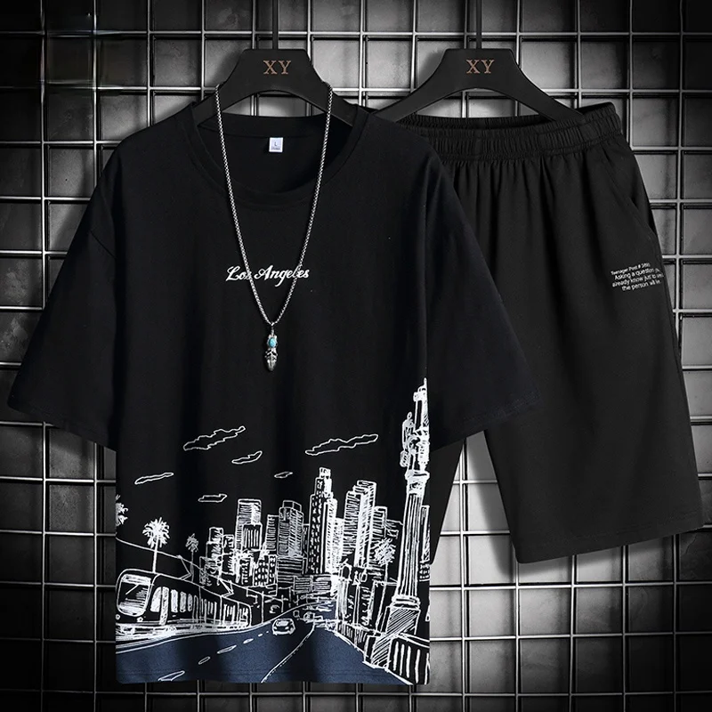 

Мужской комплект с шортами и футболкой, повседневная спортивная одежда в стиле хип-хоп, спортивный костюм в стиле Харадзюку, лето 2021