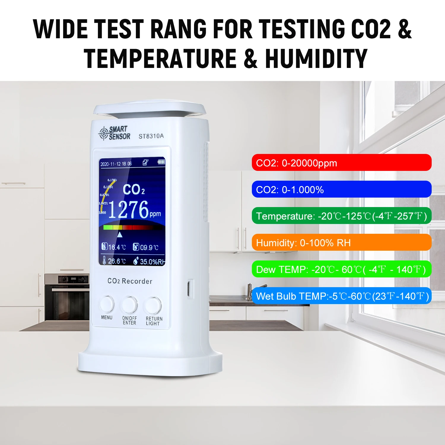 

SMART SENSOR CO2 MeterLCD CO2 Monitor USB Rechargeable Temperature Humidity Monitor 80000 Groups Data Logger Air Quality Tester